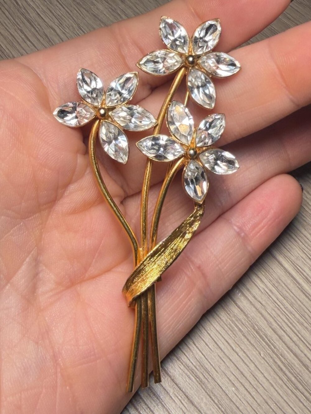Clear Rhinestone Flower Bouquet Brooch Vintage Gold Tone 3.25 inches